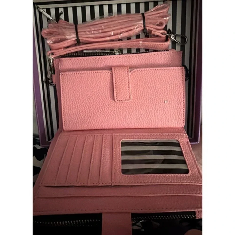 Marc Tetro Pink Black Cat Bow Heart Crossbody Wristlet Wallet Boxed